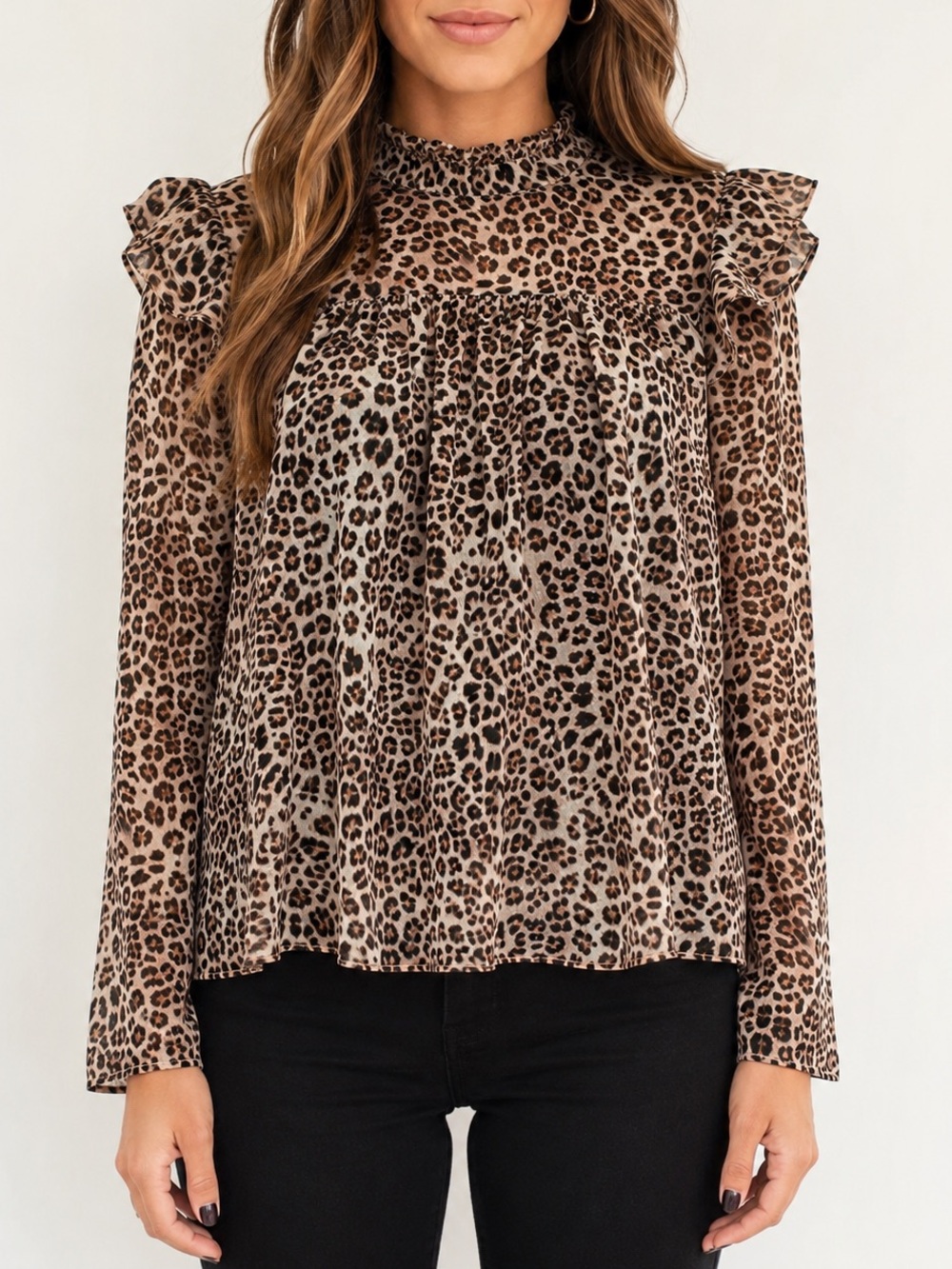 River Island Leopard Print Ruffle sheer lined Yoke Blouse Brown black size 10